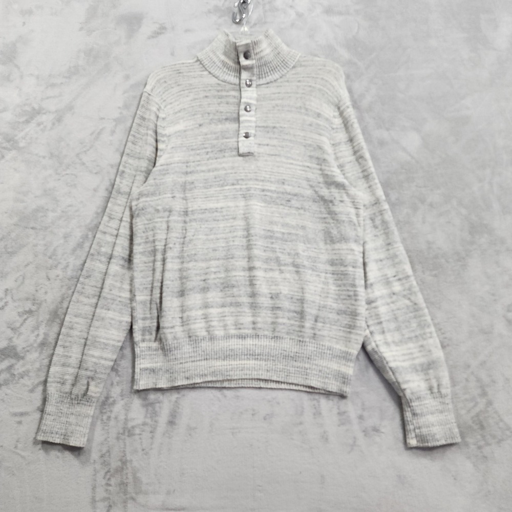 Banana Republic Sweater Mens L Gray Heather Striped Mock Neck Henley Knit Casual
